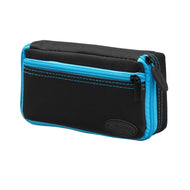 Black and blue nylon dart case with bright blue trim, dual zippers, and carry handle