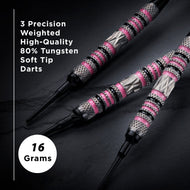 Three darts with black shafts, gray and pink barrels, soft tips