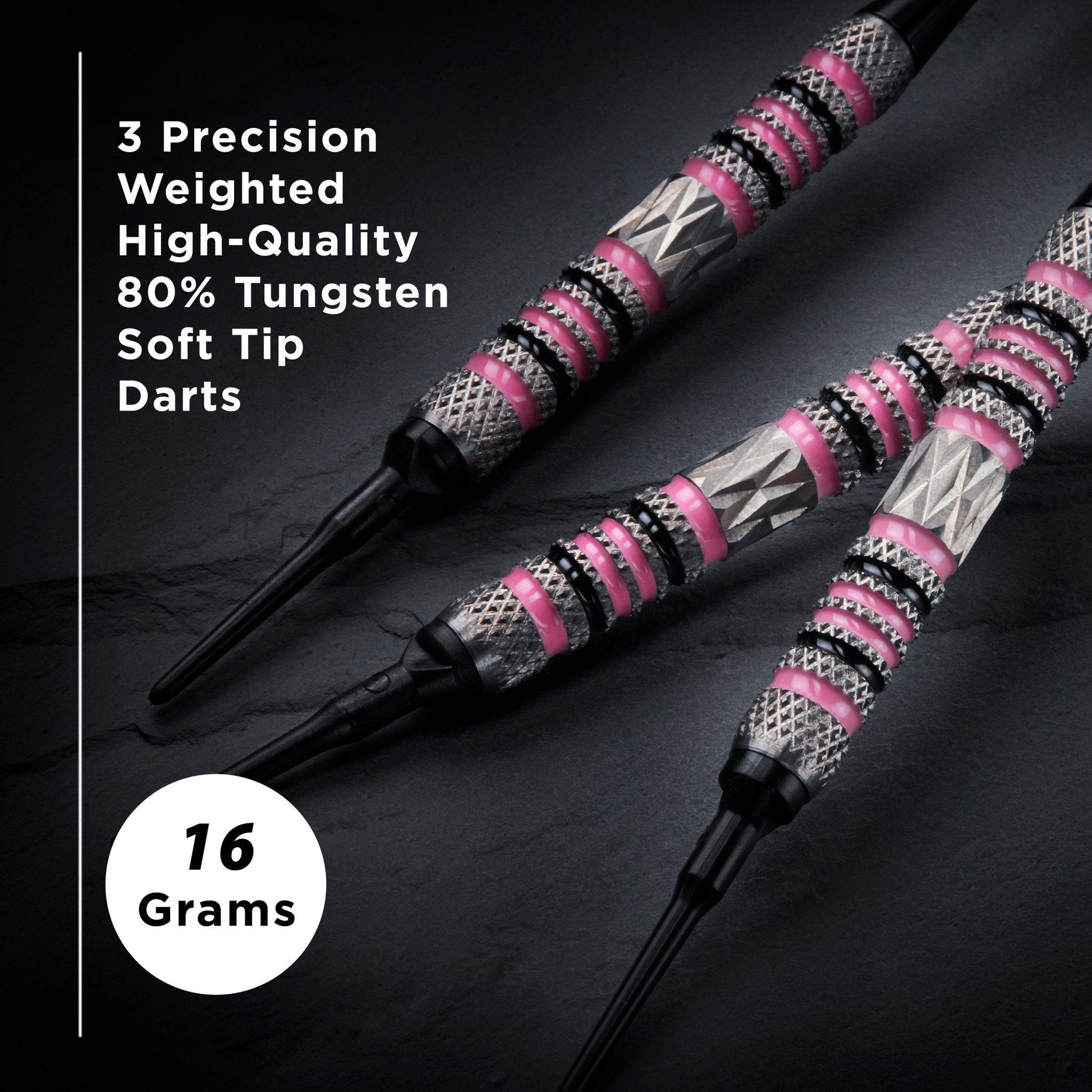 Three darts with black shafts, gray and pink barrels, soft tips