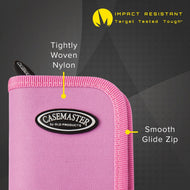 Pink nylon dart case with yellow zip and Casemaster label on dark background