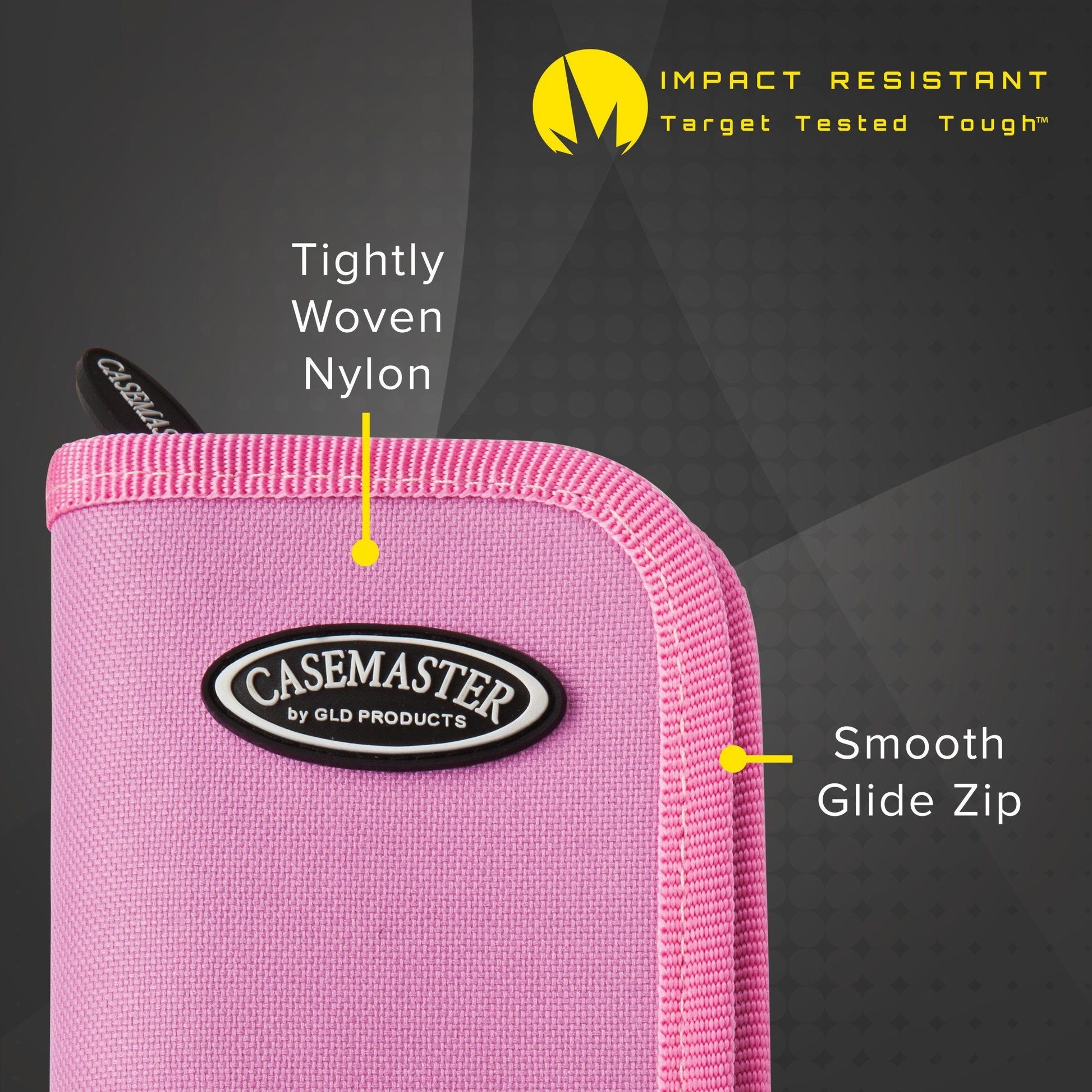 Pink nylon dart case with yellow zip and Casemaster label on dark background