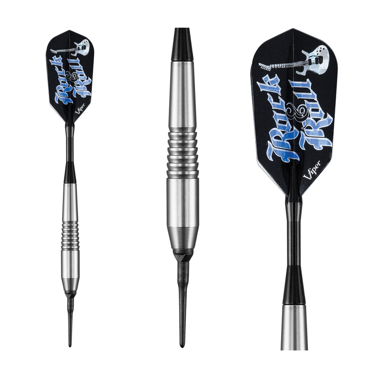Three darts with silver barrels and black flights printed with blue guitar graphics and "Viper" branding
