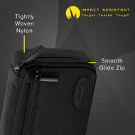 Black nylon dart case with yellow zipper pull and brand oval emblem on front