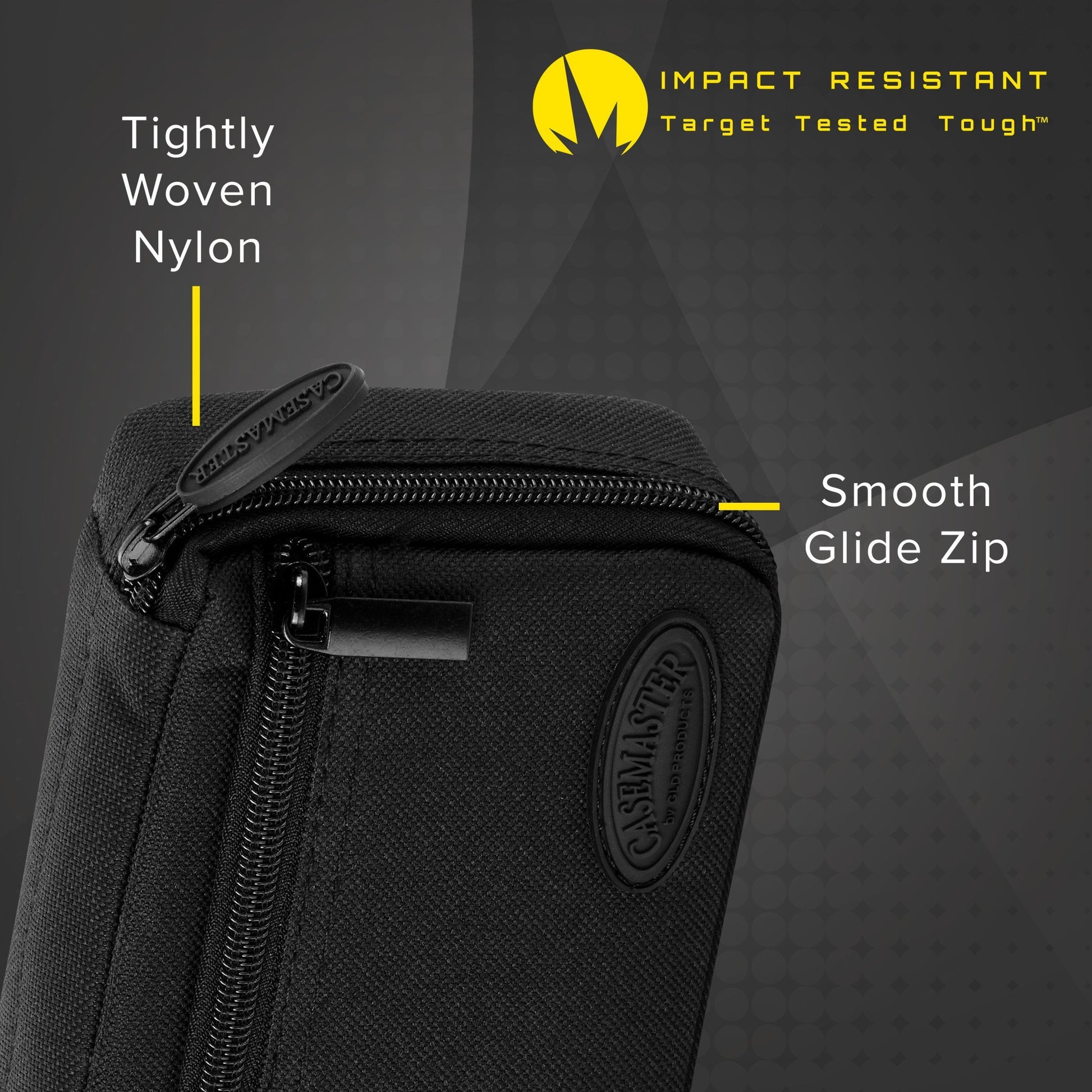 Black nylon dart case with yellow zipper pull and brand oval emblem on front
