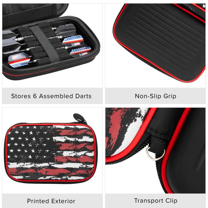 Four-panel view of dart case showing interior storage, non-slip grip, distressed flag design, and metal clip