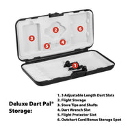 Black dart case with white foam interior and numbered storage compartments for darts and accessories