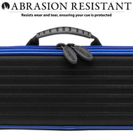 Black cue case with blue stripe trim, gray carry handle, and two metal zipper pulls on front