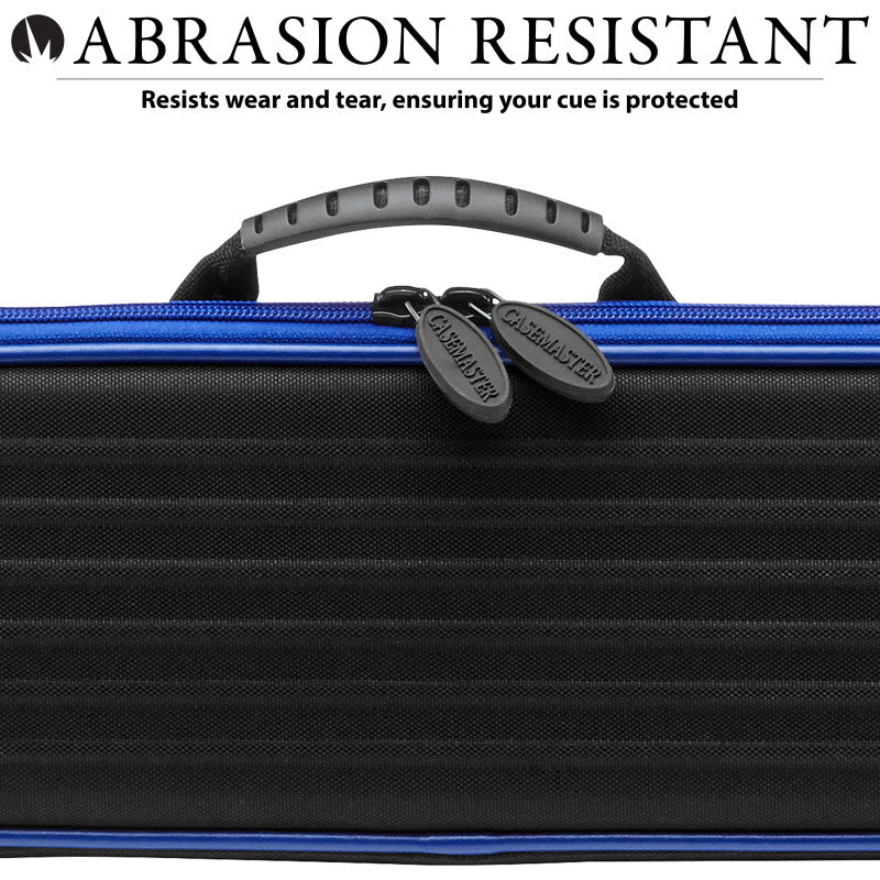 Black cue case with blue stripe trim, gray carry handle, and two metal zipper pulls on front