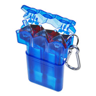 Blue translucent dart case with three darts and metal carabiner clip