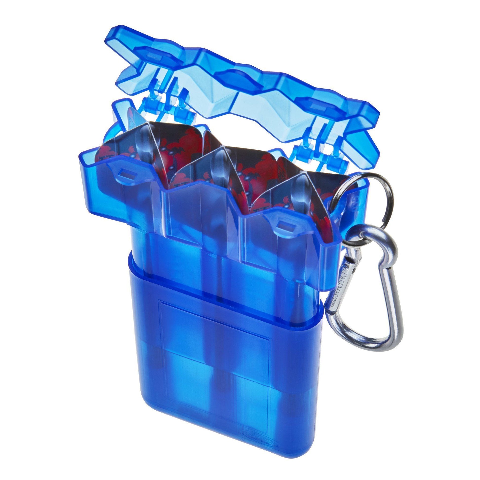 Blue translucent dart case with three darts and metal carabiner clip