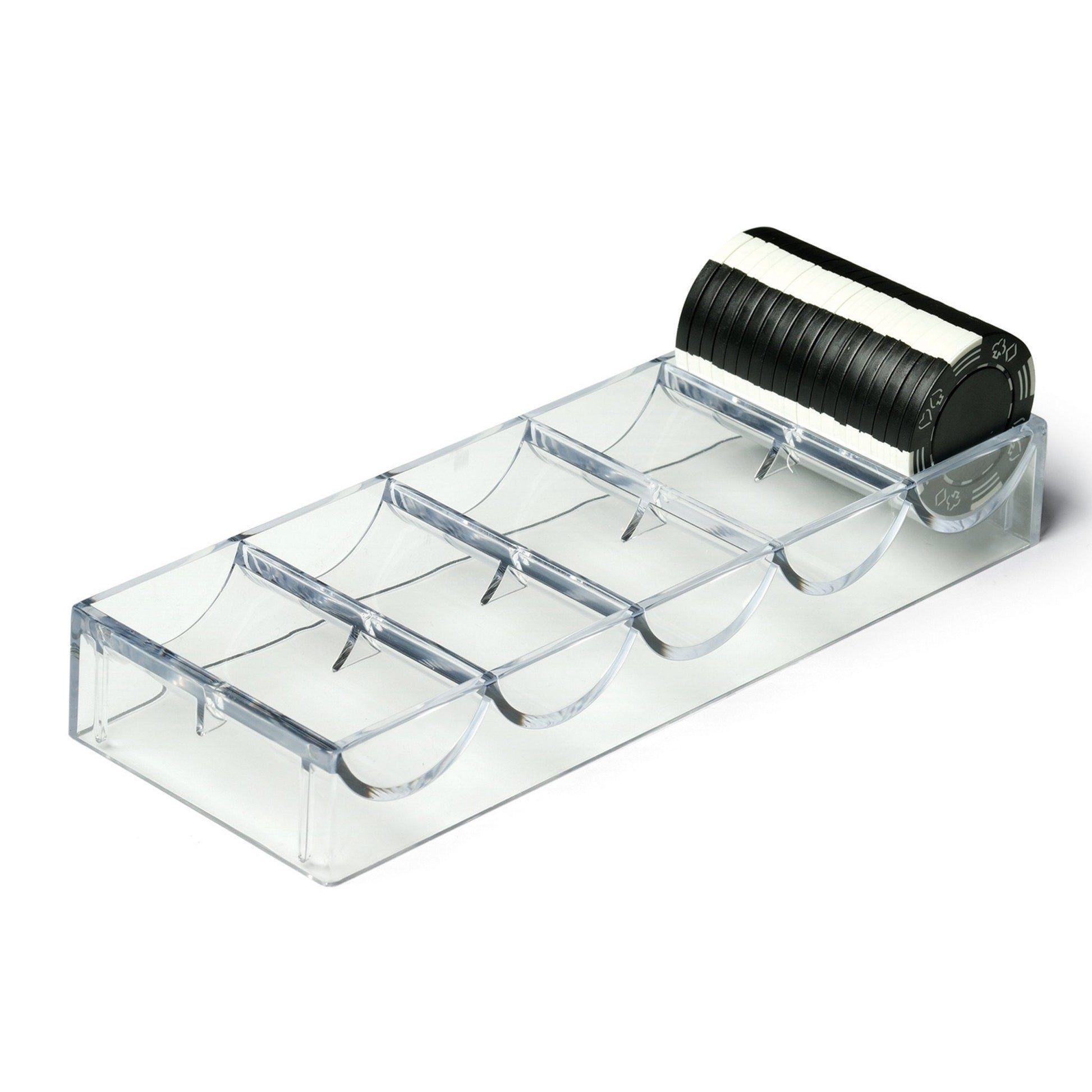 Clear plastic tray with five divided compartments and black cylindrical chip roller mounted on top right