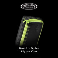 Black nylon case with neon yellow trim and zipper, pull tab, and embossed logo on front panel