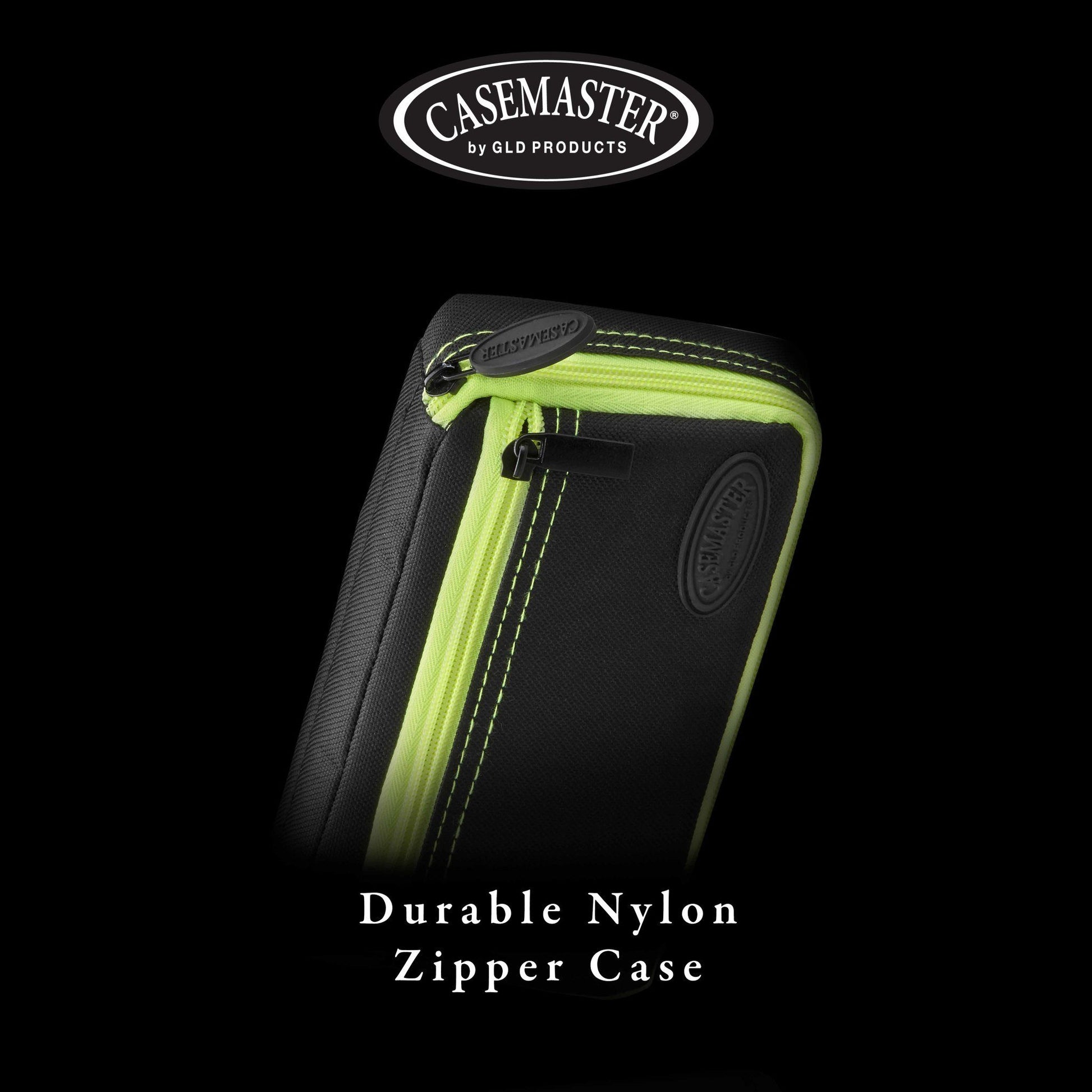 Black nylon case with neon yellow trim and zipper, pull tab, and embossed logo on front panel