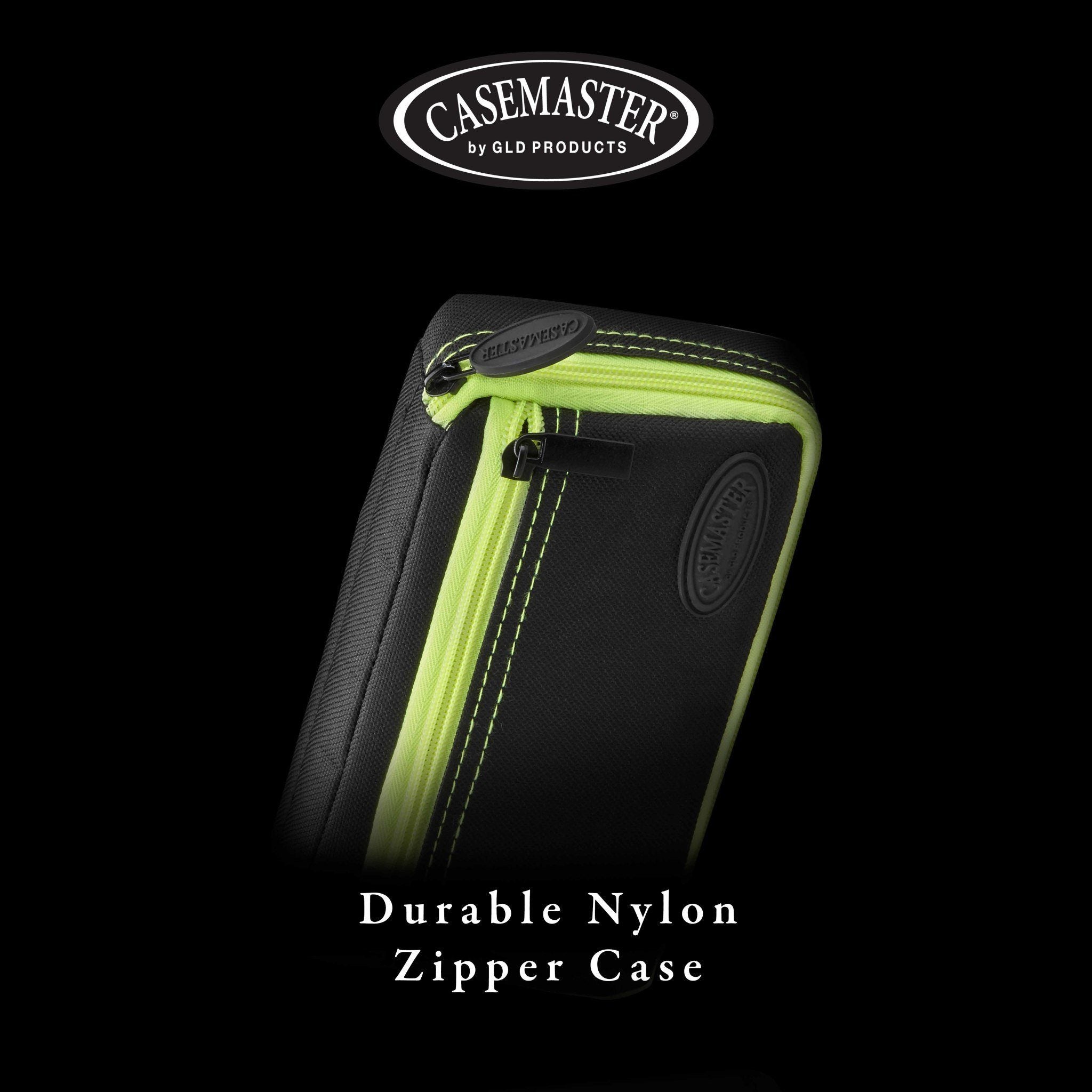 Black nylon case with neon yellow trim and zipper, pull tab, and embossed logo on front panel