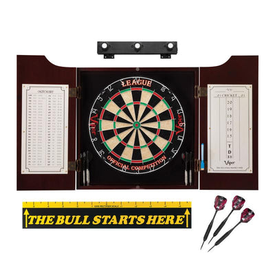 Viper League Sisal Dartboard, Hudson Mahogany Cabinet, Shadow Buster Dartboard Lights & "The Bull Starts Here" Throw Line Marker Darts Viper 