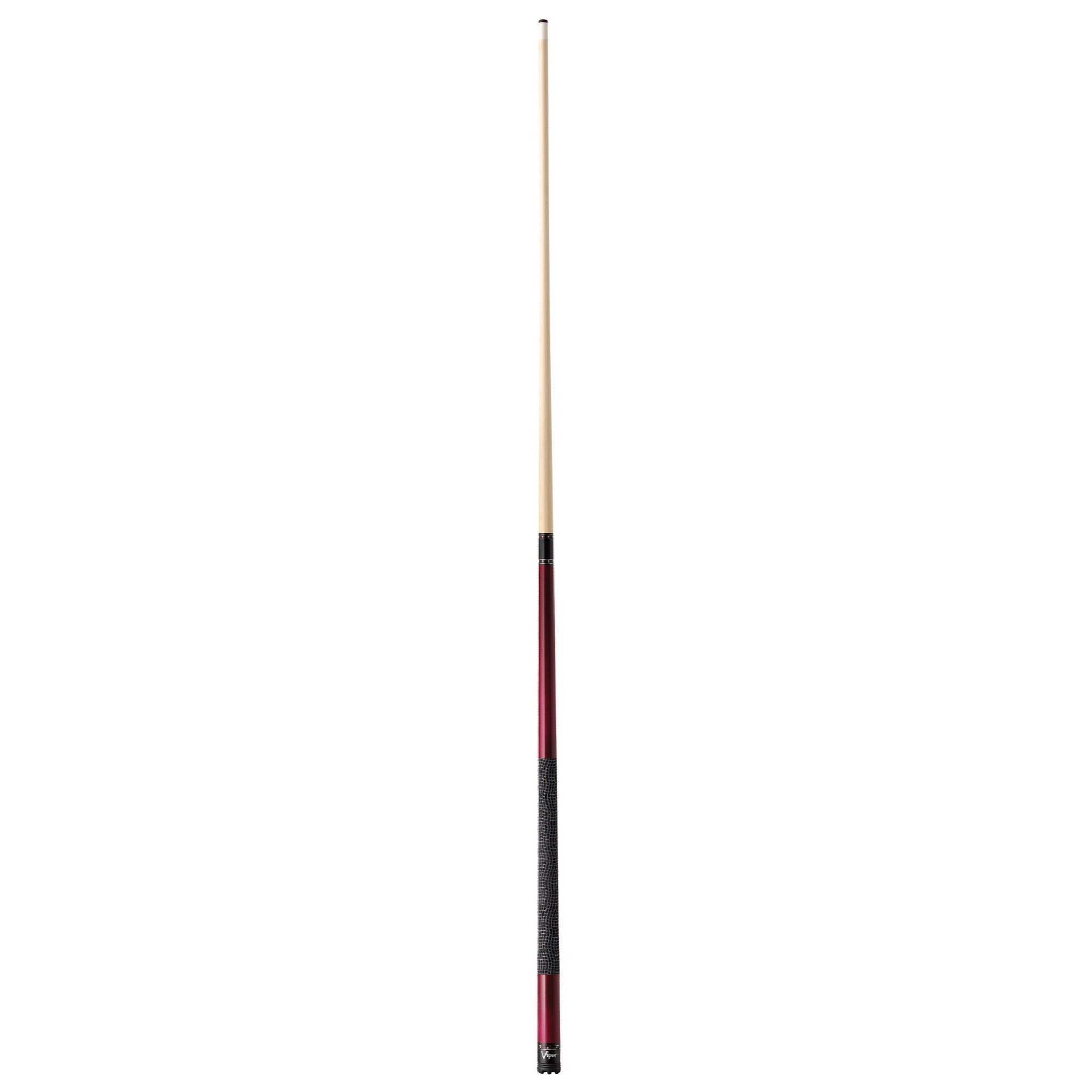 Billiard cue with light wood shaft, burgundy middle, black grip
