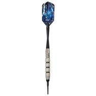 Dart with blue geometric patterned flight, black shaft, and silver knurled grip with black tip