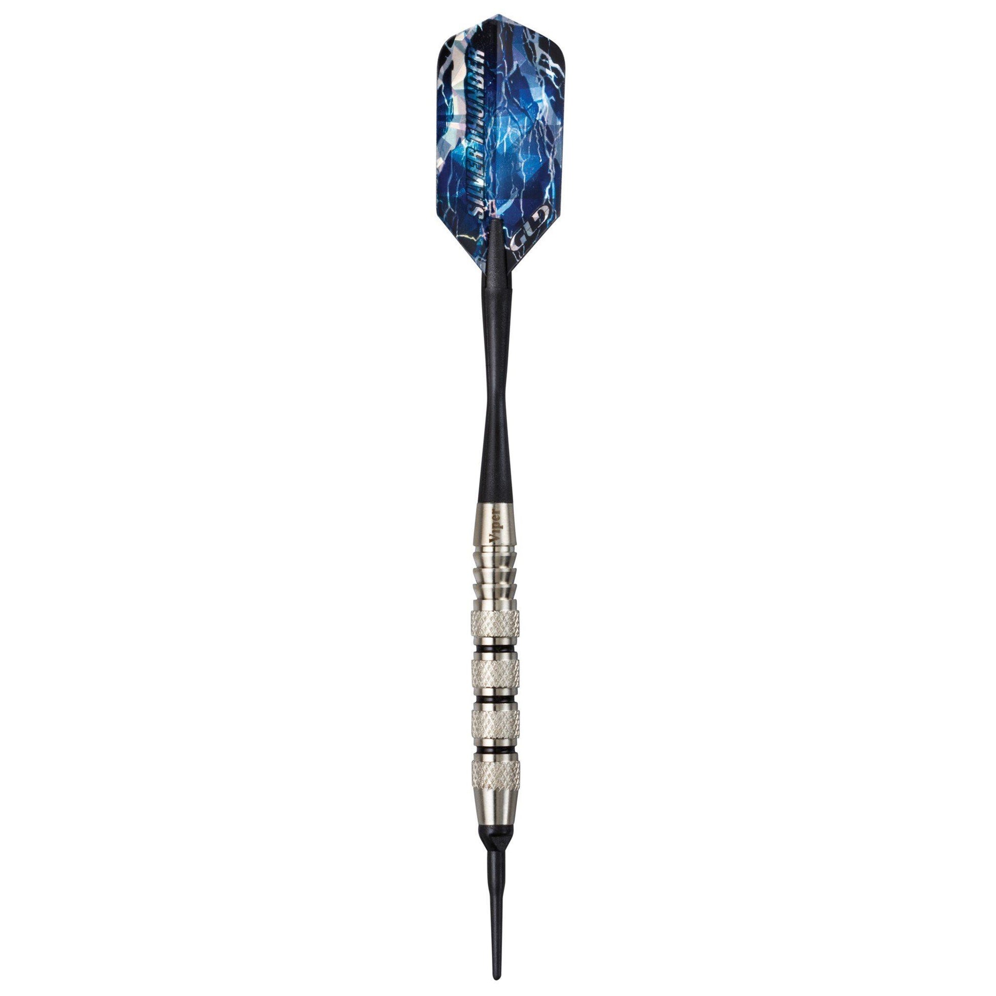 Dart with blue geometric patterned flight, black shaft, and silver knurled grip with black tip
