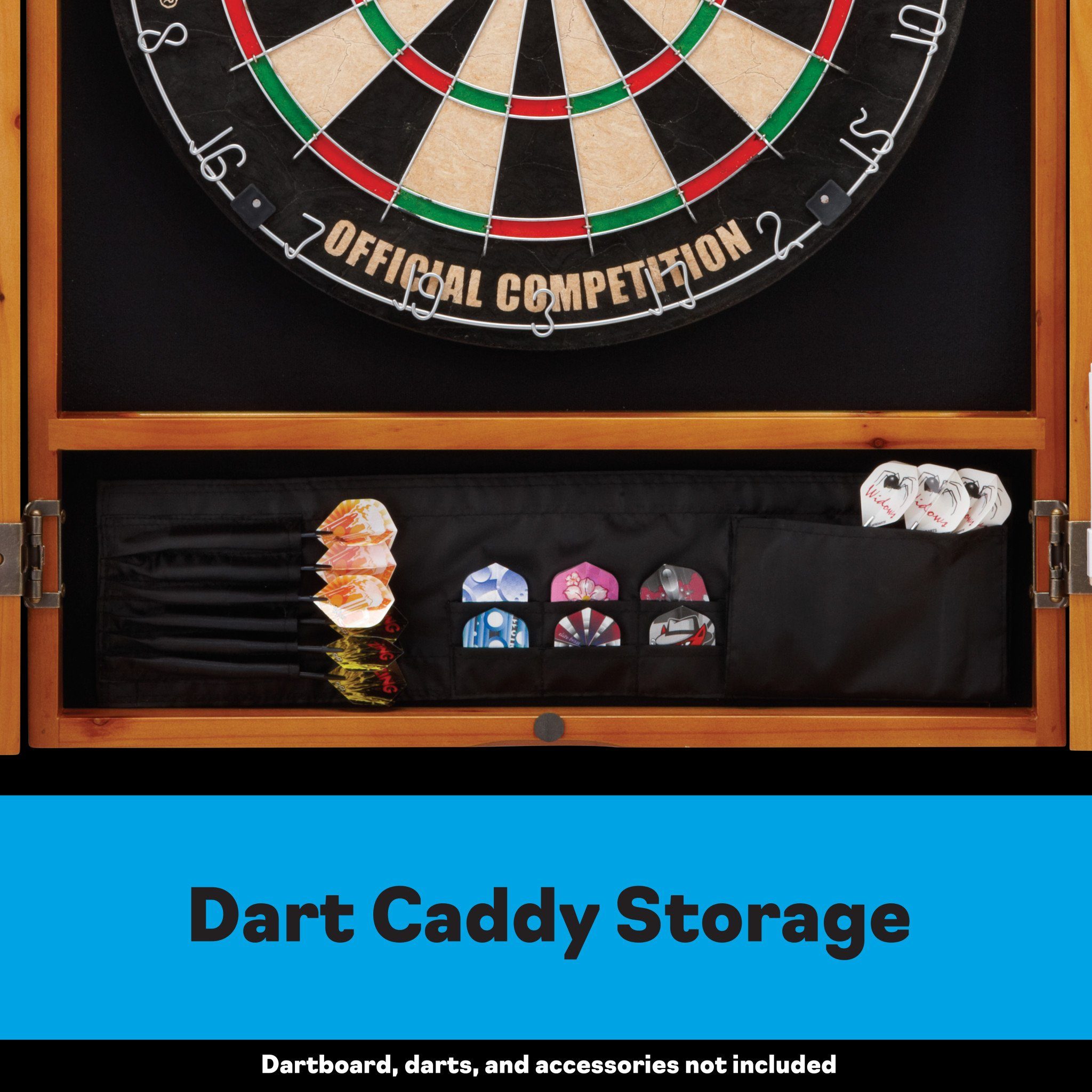 Wood-framed dartboard cabinet with drawer containing dart flights and cases below