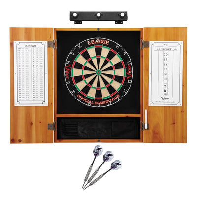 Viper League Sisal Dartboard, Metropolitan Oak Cabinet, Underground The Raven Steel Tip Darts & Shadow Buster Dartboard Lights Darts Viper 