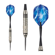 Three darts with blue lightning flights and silver metal barrels with grip bands
