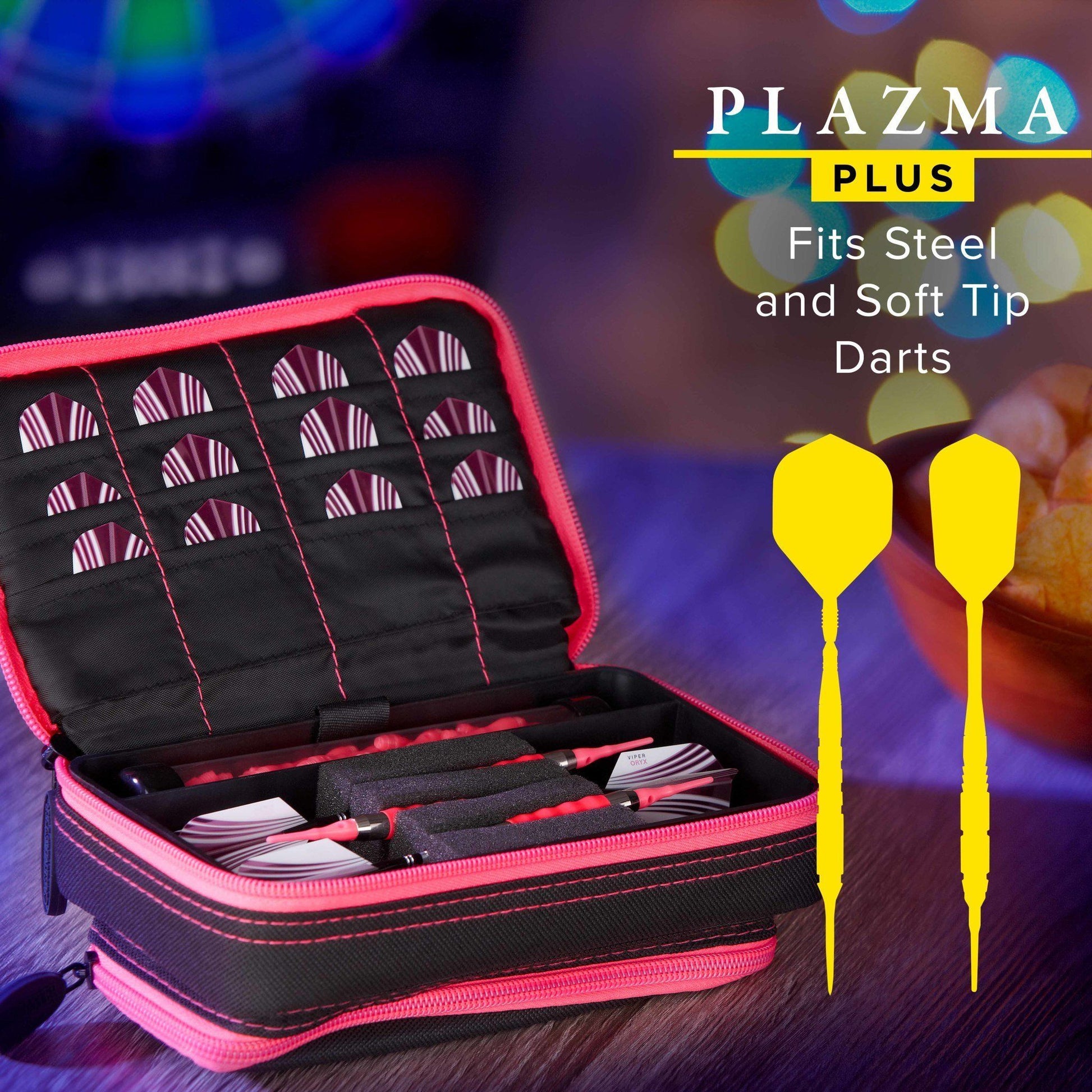 Pink-trimmed black dart case with compartments holding darts and two yellow darts beside it
