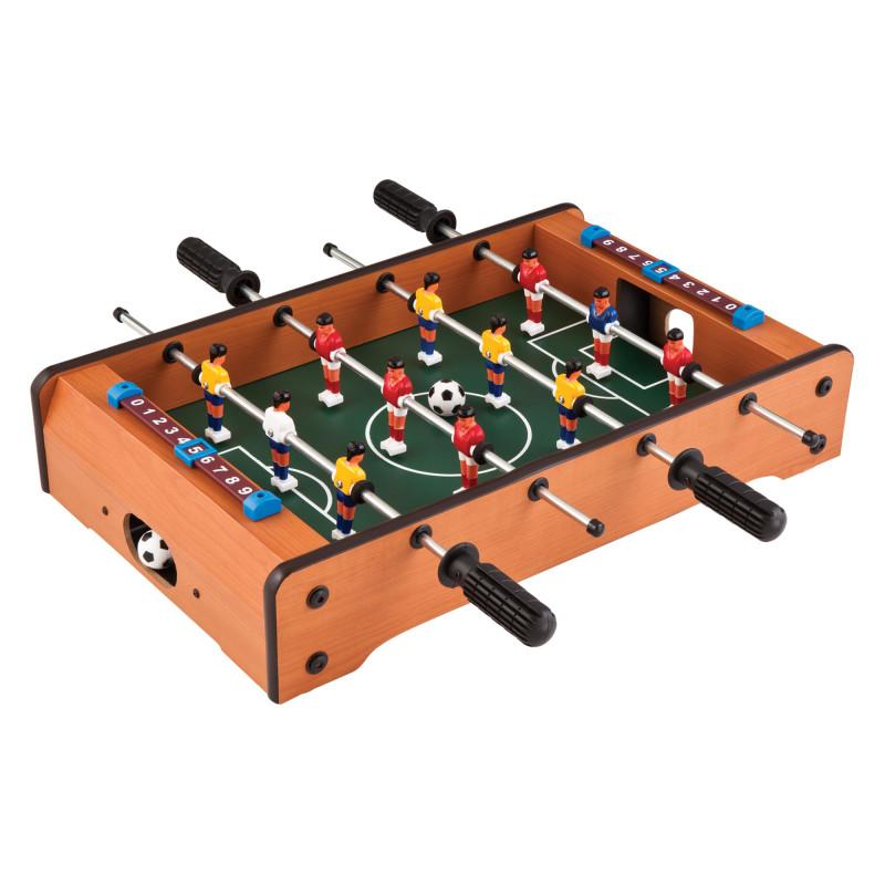 Orange tabletop foosball table with green field and colorful player figures on rotating rods
