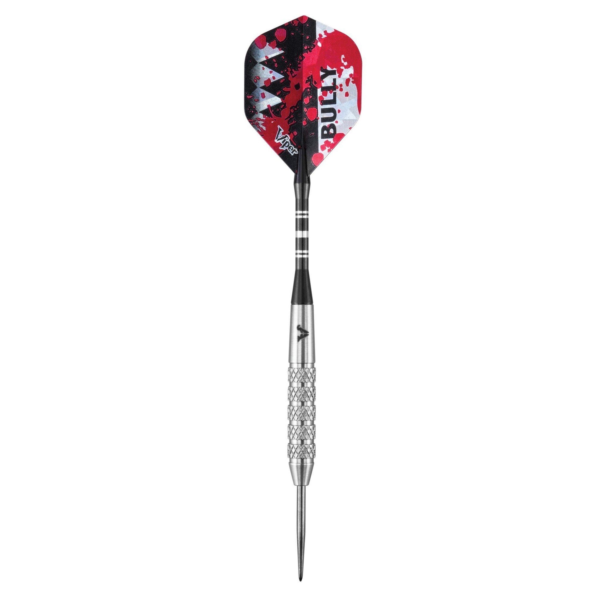 Single dart with red and black split flight design, black and silver textured grip, and steel tip