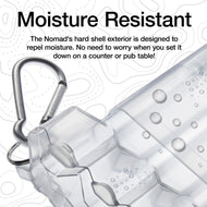 Infographic showing transparent dart case with metal carabiner and water droplets beading on surface
