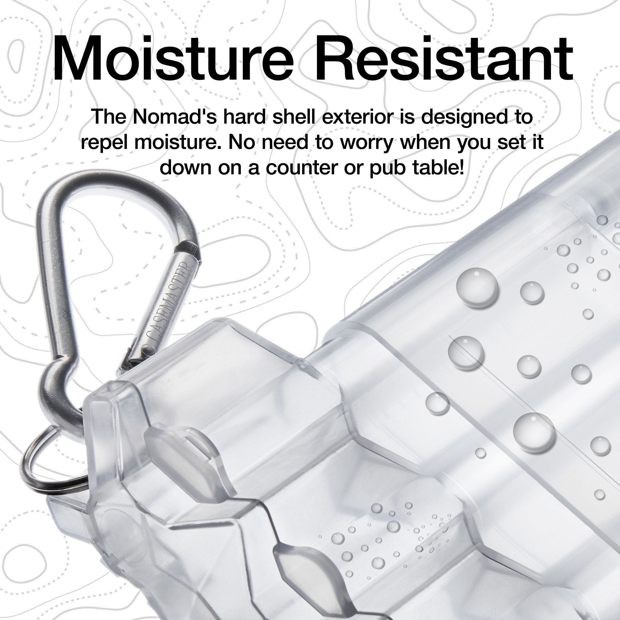 Infographic showing transparent dart case with metal carabiner and water droplets beading on surface