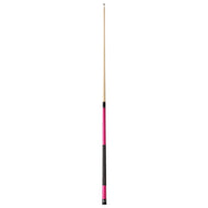 Billiards cue stick with natural wood shaft, pink wrap, black textured grip, and black ferrule end