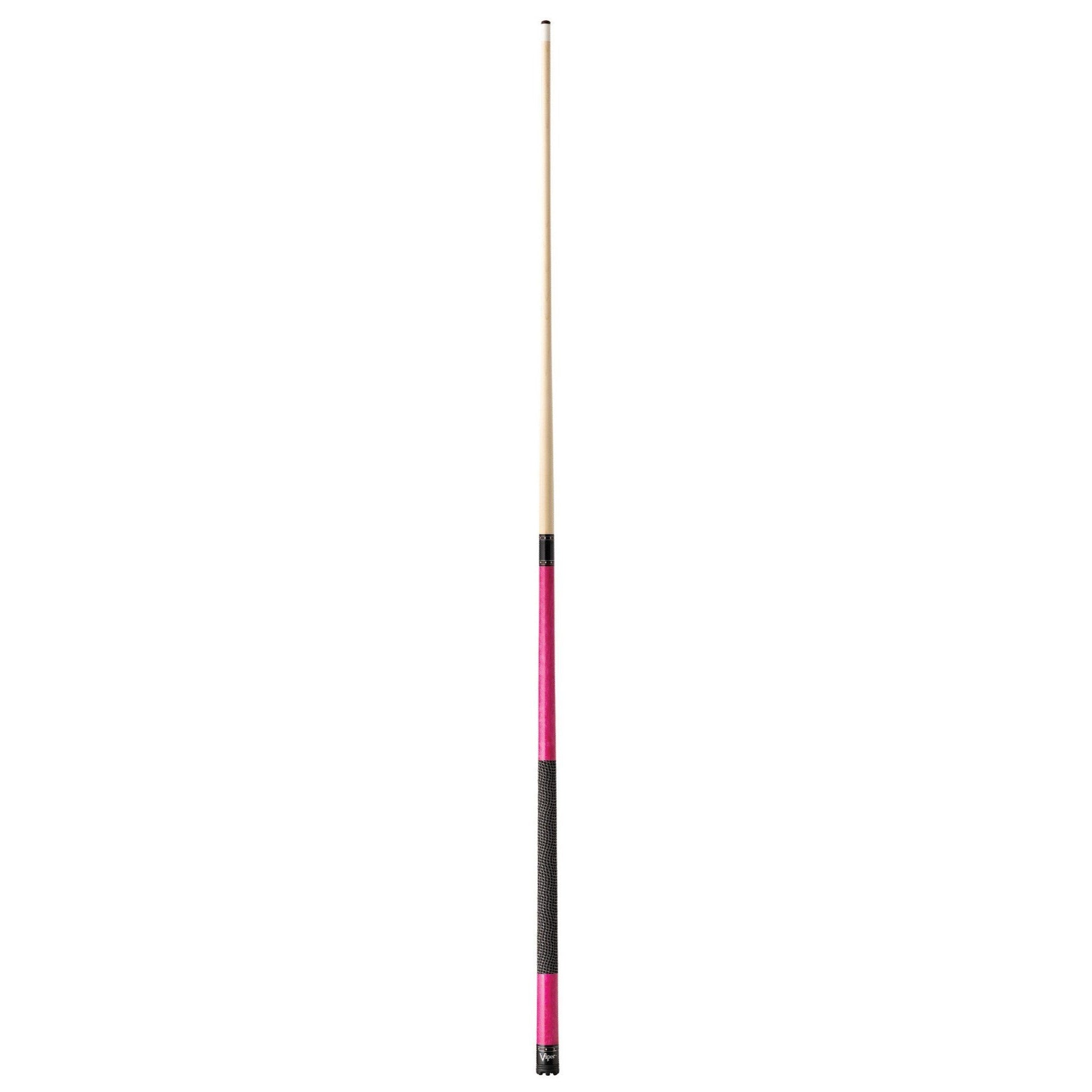 Billiards cue stick with natural wood shaft, pink wrap, black textured grip, and black ferrule end