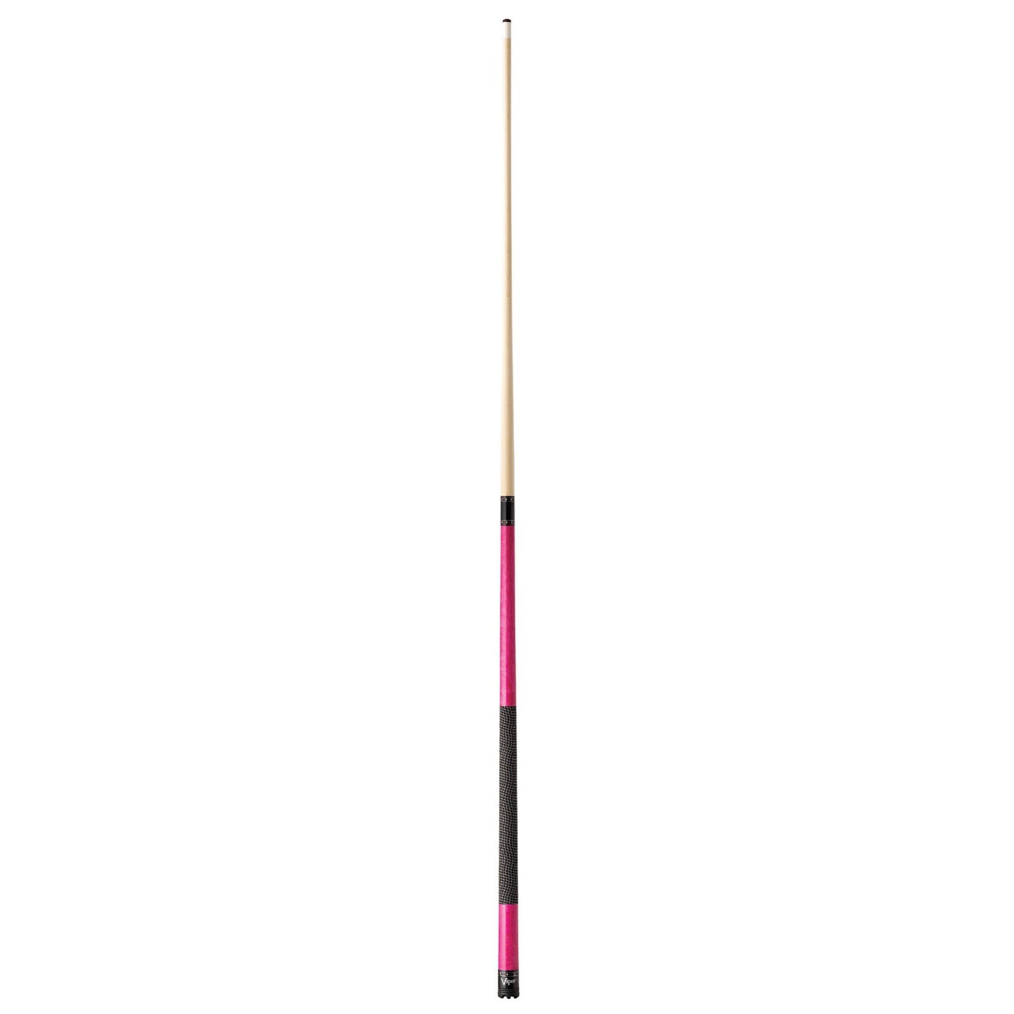 Billiards cue stick with natural wood shaft, pink wrap, black textured grip, and black ferrule end