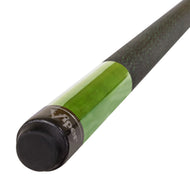 Cue stick with dark textured shaft, bright green wrap section, and black ferrule and butt cap