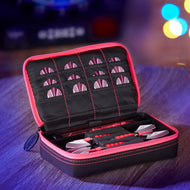 Black dart case with pink trim holding organized darts and flights in compartments