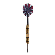 Dart with burgundy and white striped flights, brass barrel, and black shaft with pointed tip