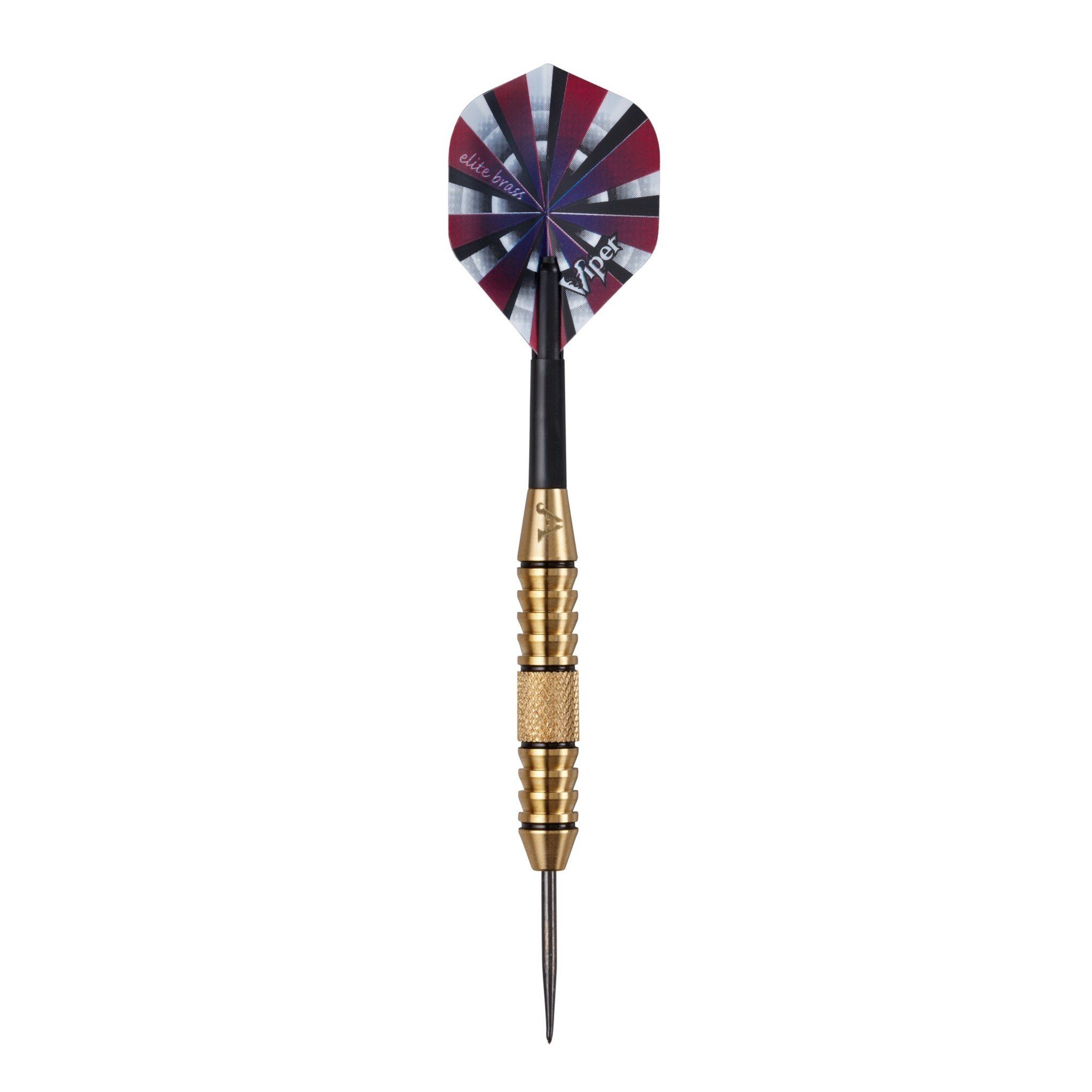 Dart with burgundy and white striped flights, brass barrel, and black shaft with pointed tip