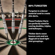 Three slim darts with black and silver barrels and textured grip zones positioned in a dartboard bullseye