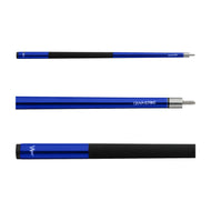 Three views of a blue and black billiard cue with metal joints and Graphstrike branding