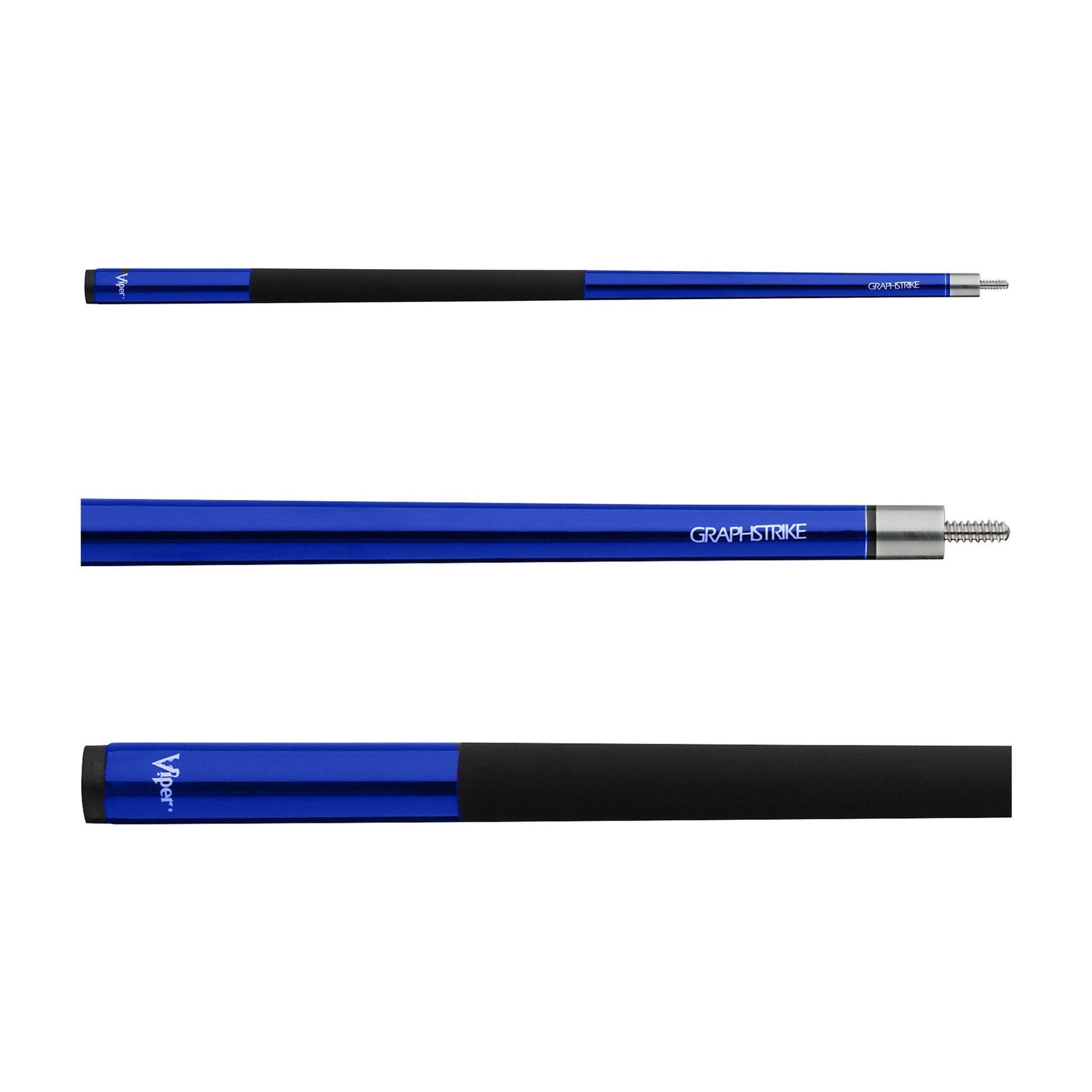 Three views of a blue and black billiard cue with metal joints and Graphstrike branding
