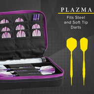 Black dart case with purple zipper holding pink striped flights and darts, yellow soft-tip darts shown