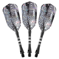Three darts with gray flights, black shafts with white bands, and metal tips