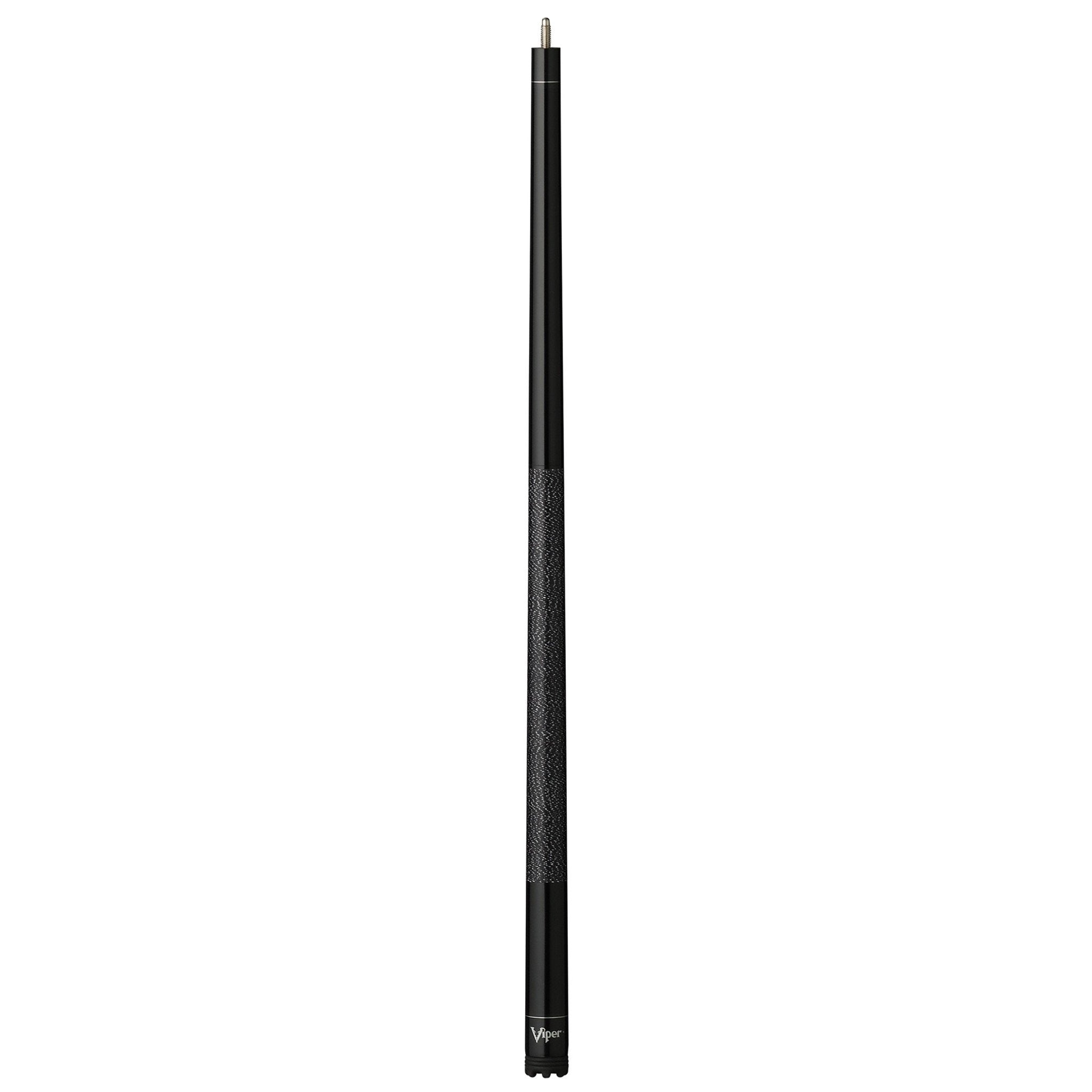 Black cue stick with textured grip and metal ferrule at top