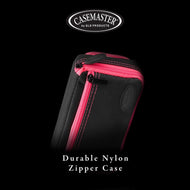 Black and pink nylon dart case with top zipper, carry handle, and embossed Casemaster logo on front panel