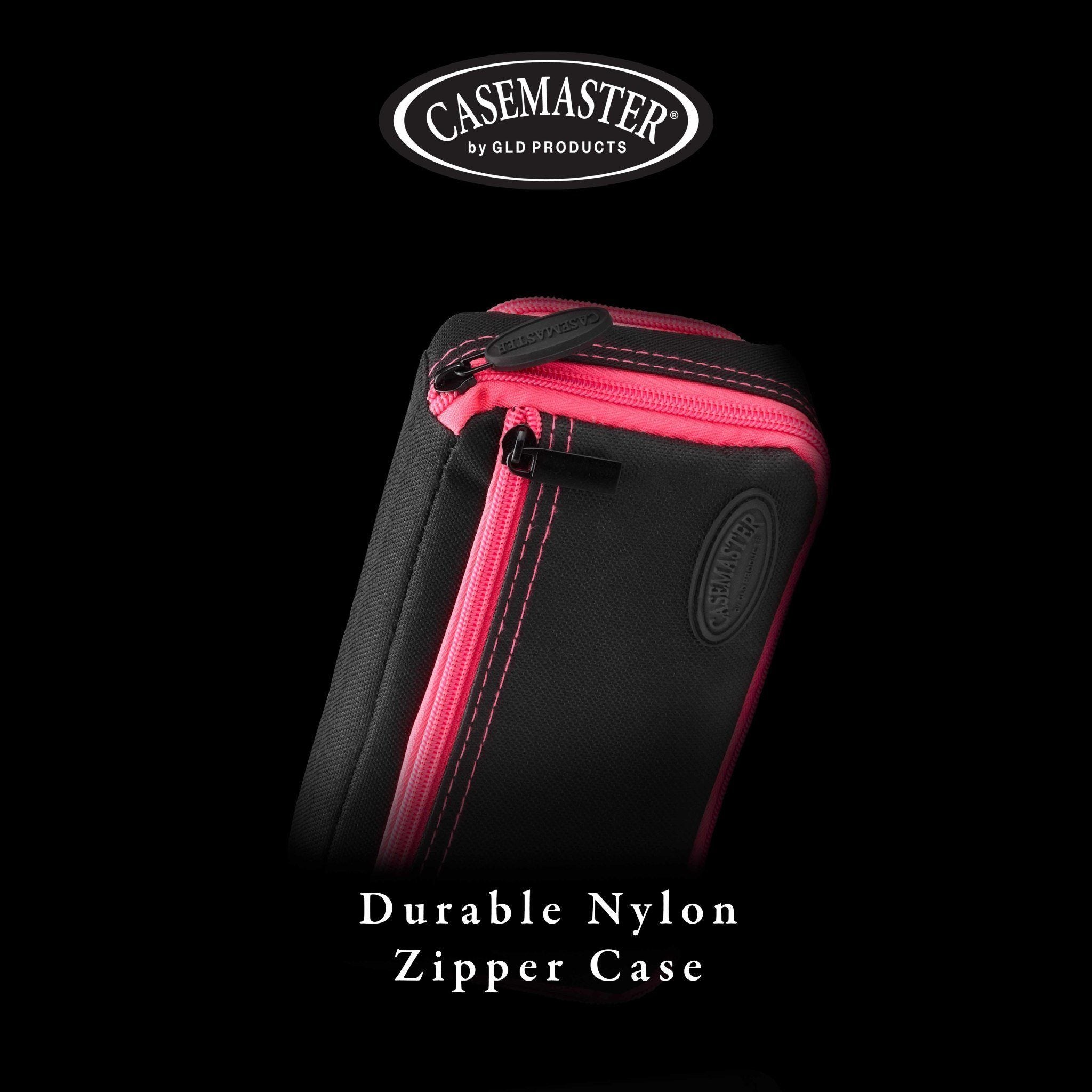 Black and pink nylon dart case with top zipper, carry handle, and embossed Casemaster logo on front panel
