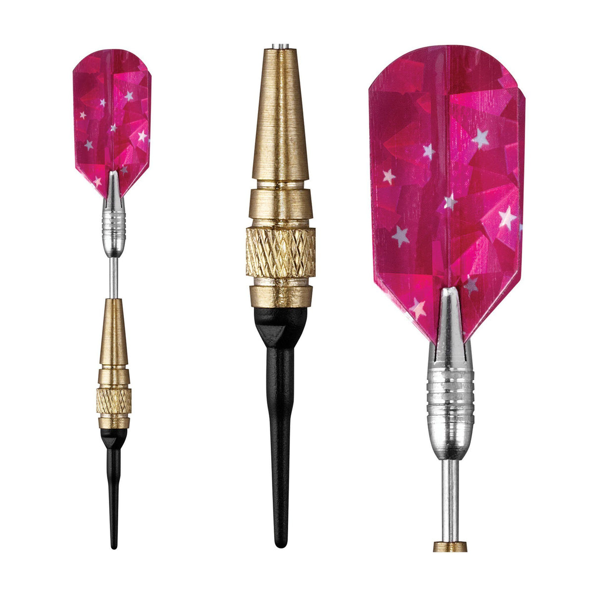Three darts with magenta flights decorated with white stars, gold and silver barrels, and black tips
