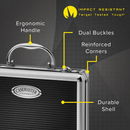 Diagram of black and silver aluminum case with labeled handle, buckles, corners, and shell features