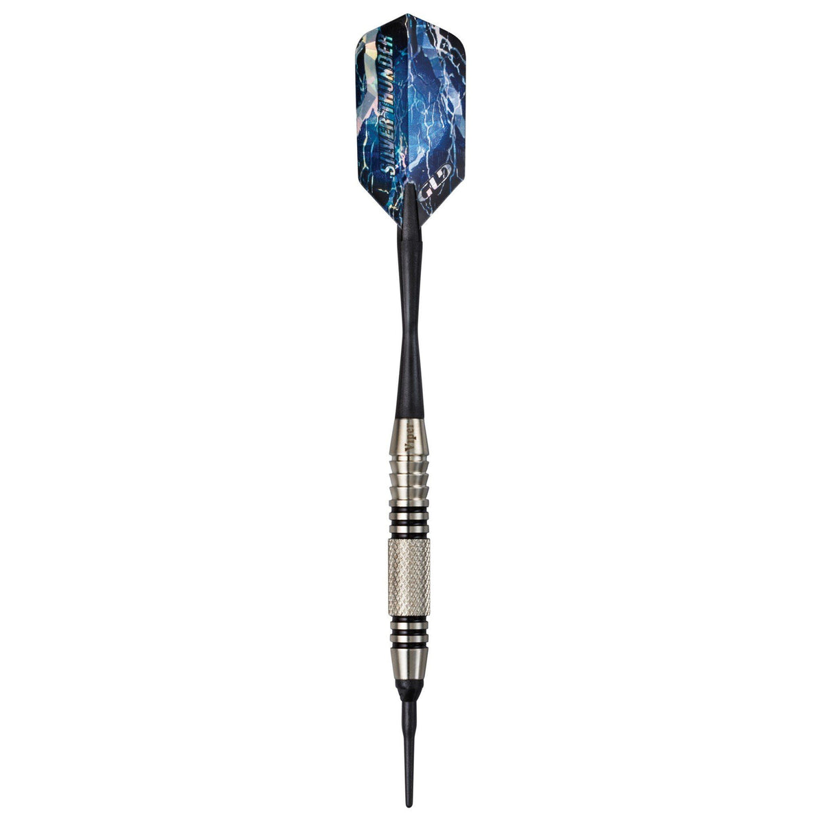 Dart with blue lightning-patterned flight, black shaft, and silver knurled grip with black rings on handle