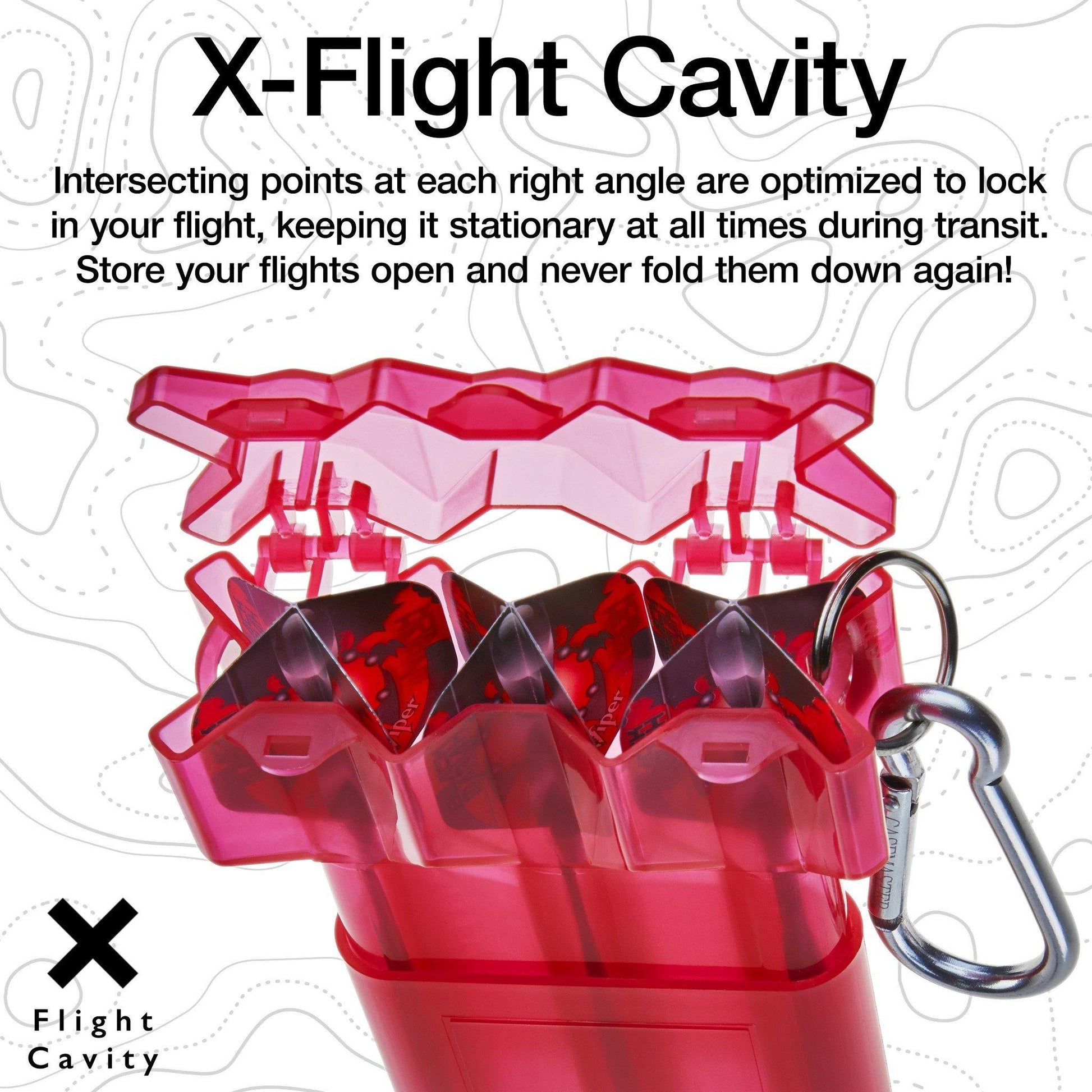 Red dart case with geometric cavity design and metal carabiner clip