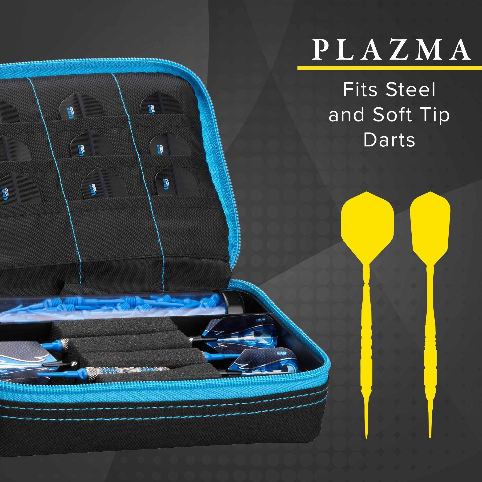 Black dart case with turquoise trim holding multiple darts and two yellow darts shown beside it